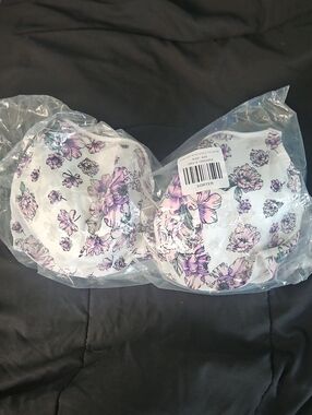 Floral Print Underwire Bra - White & Purple